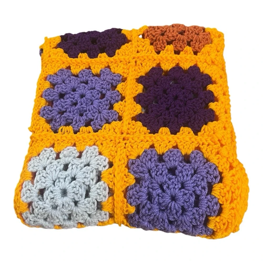Granny Square‎ Orange Purple Gray Crochet 54x24 Handmade Throw Blanket